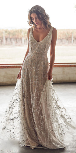 Damen Elegantes Hochzeitskleid mit schimmernden Perlenakzenten und fließendem Tüllrock Drune