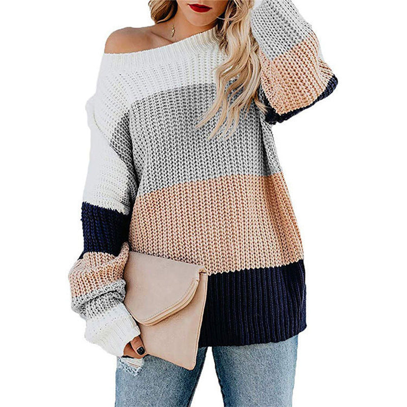 Damen Freizeit-Strickpullover mit modernem Blockstreifenmuster und Rundhalsausschnitt Drune