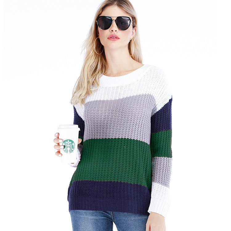 Damen Freizeit-Strickpullover mit modernem Blockstreifenmuster und Rundhalsausschnitt Drune