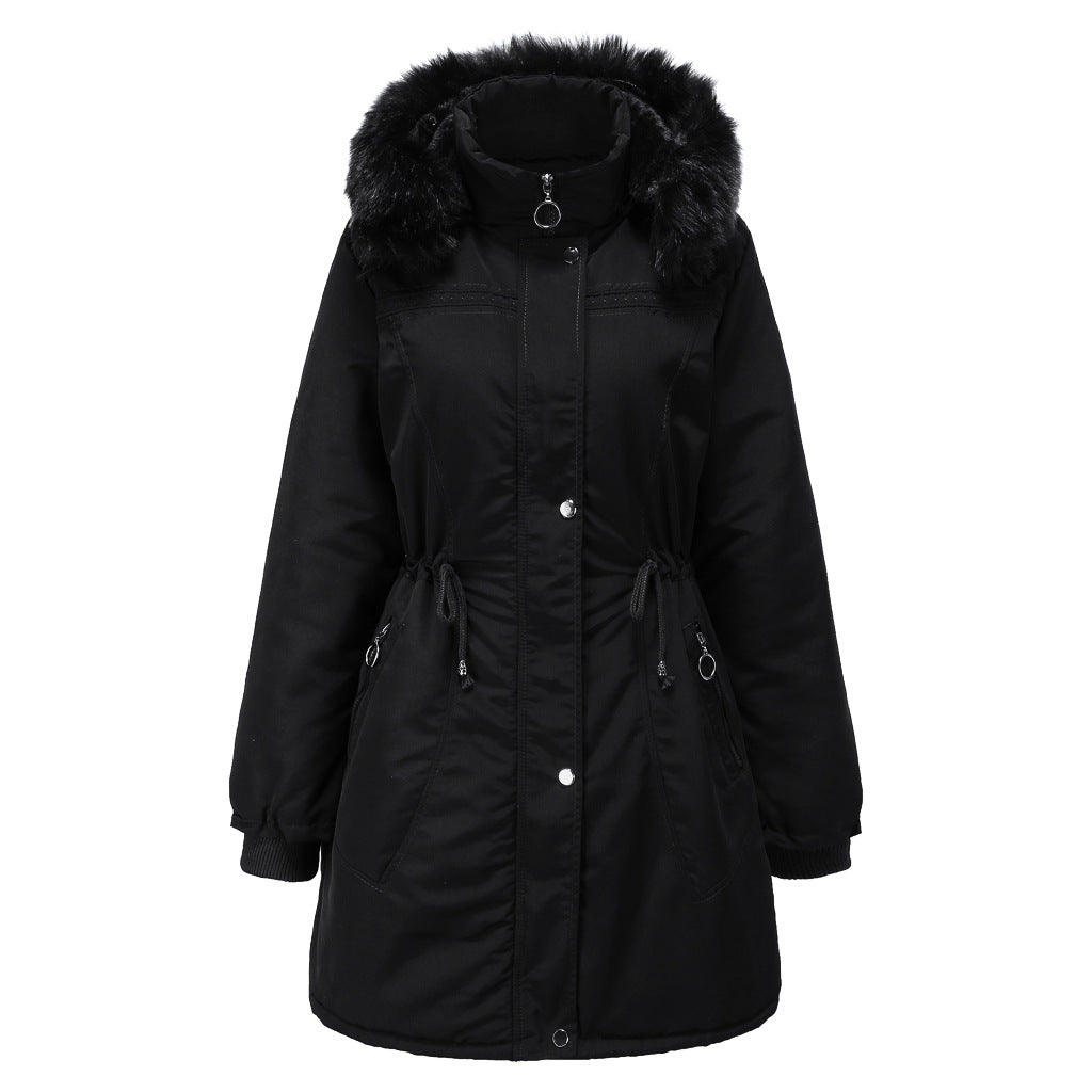 Damen stylische Parka-Jacke mit abnehmbarem Kunstfell und taillierbarem Kordelzug Drune