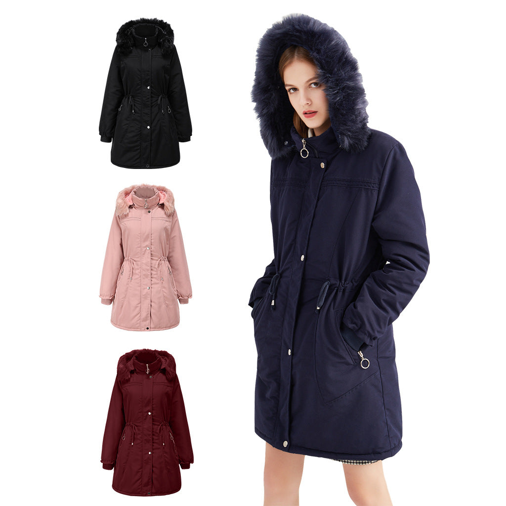 Damen stylische Parka-Jacke mit abnehmbarem Kunstfell und taillierbarem Kordelzug Drune