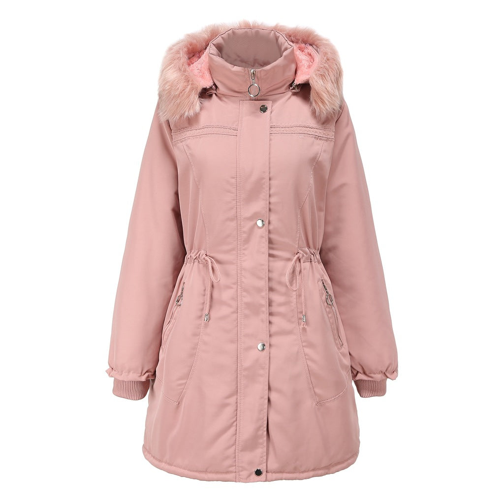 Damen stylische Parka-Jacke mit abnehmbarem Kunstfell und taillierbarem Kordelzug Drune