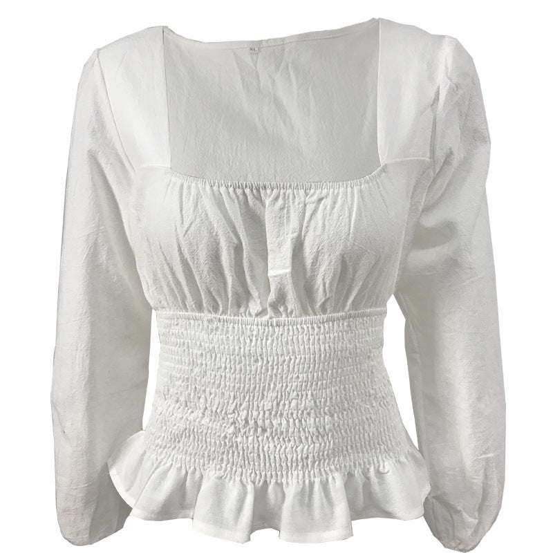 Damen Bluse mit elastischem Rüschensaum und langen Ärmeln Drune