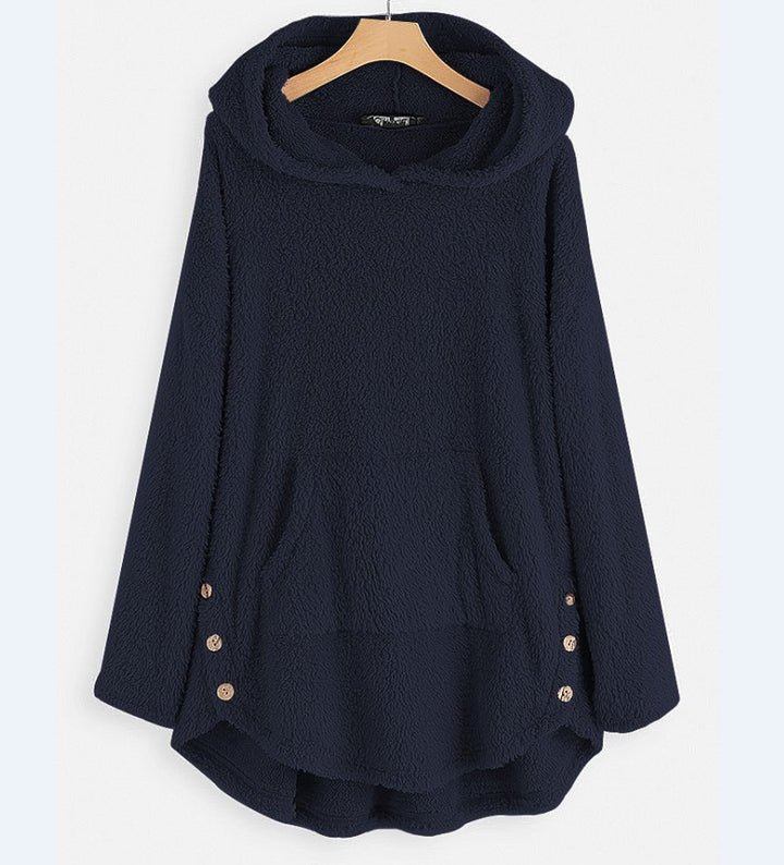 Damen nan kuscheliger Teddy-Kapuzenpullover mit Kängurutasche, Knopfleiste an den Seiten und abgerundetem Saum Drune