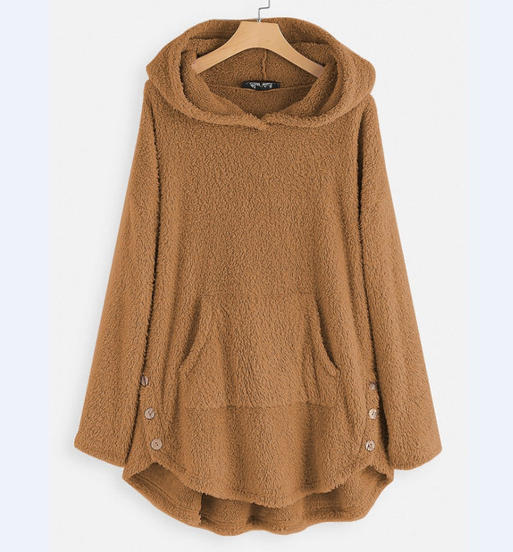Damen nan kuscheliger Teddy-Kapuzenpullover mit Kängurutasche, Knopfleiste an den Seiten und abgerundetem Saum Drune