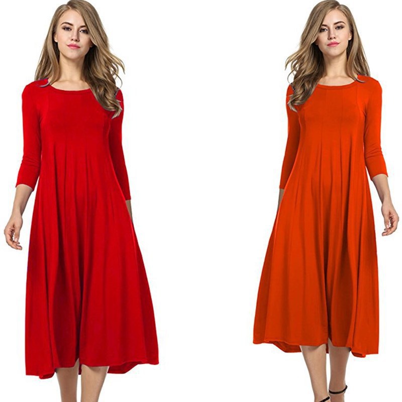 Drune | Quadrat-Ausschnitt 3/4-Lange Uni-Farbe Midi-Kleid