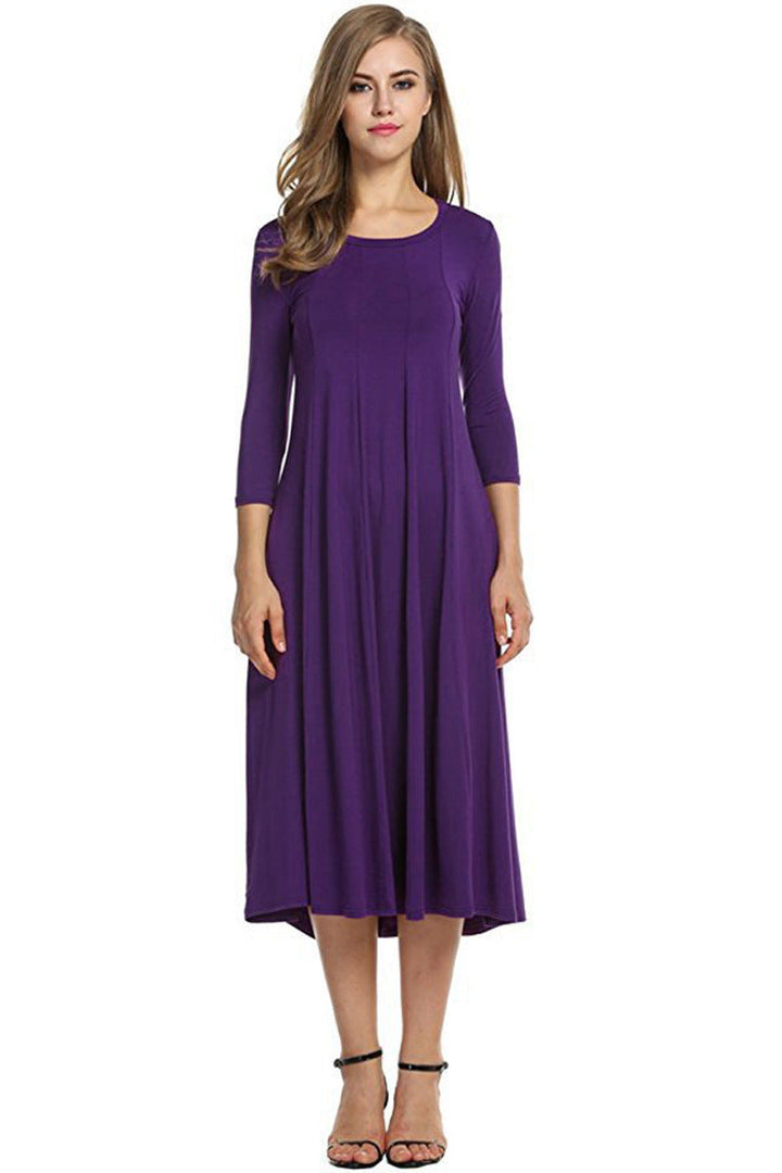 Drune | Quadrat-Ausschnitt 3/4-Lange Uni-Farbe Midi-Kleid