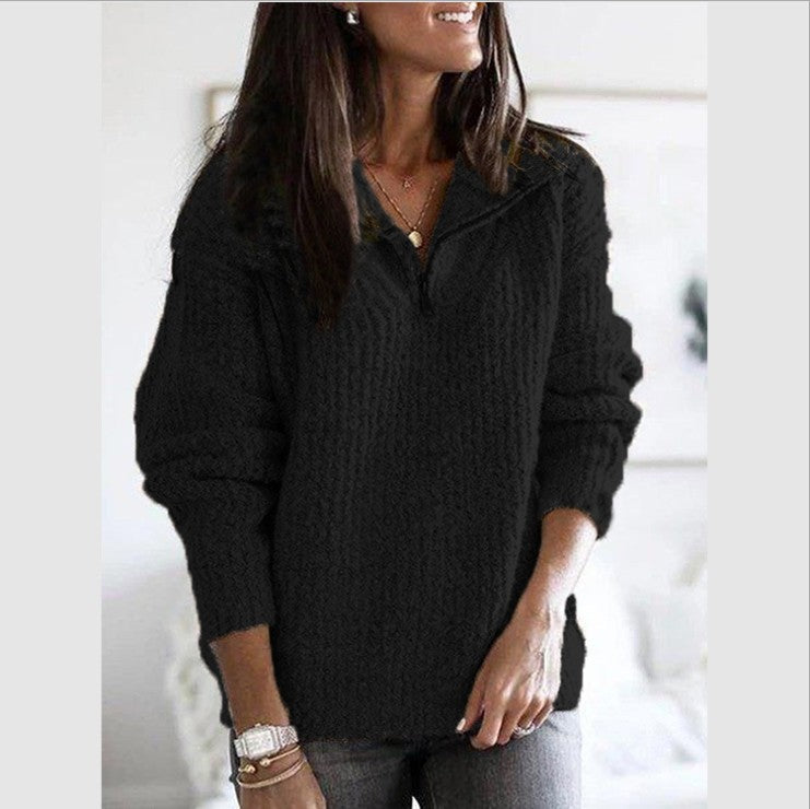 Damen nan weicher Strukturstrickpullover mit halbem Reißverschluss und Troyerkragen Drune