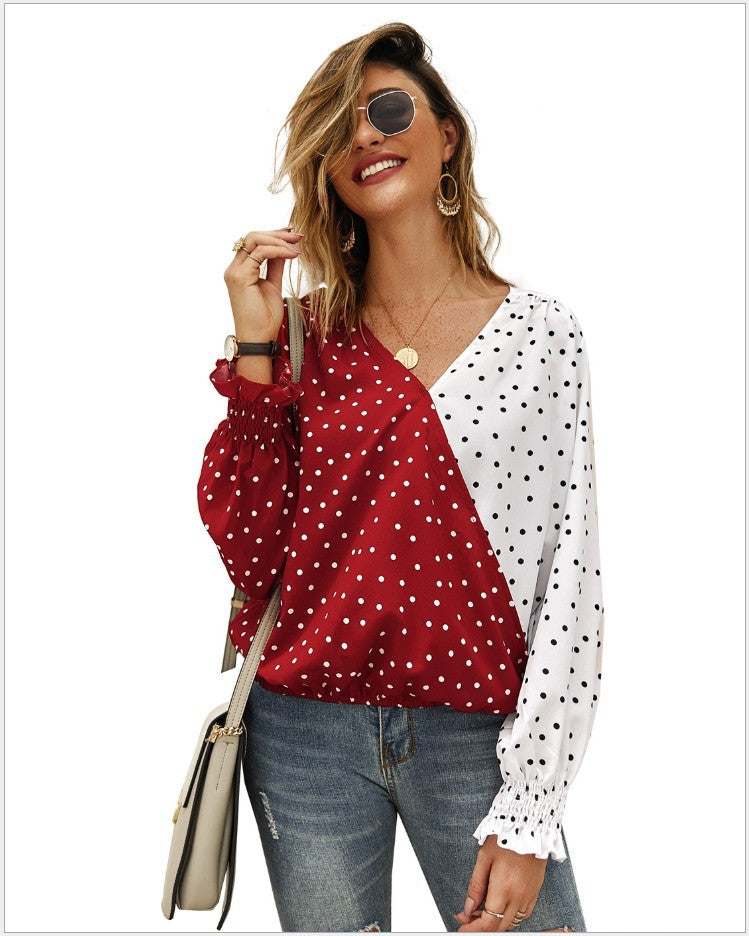 Damen Bluse mit asymmetrischem Punkten-Design und elastischen Ärmeln Drune