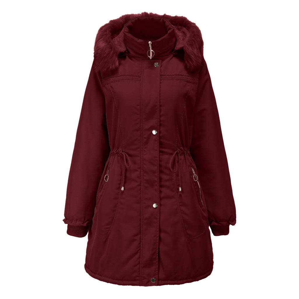 Damen stylische Parka-Jacke mit abnehmbarem Kunstfell und taillierbarem Kordelzug Drune