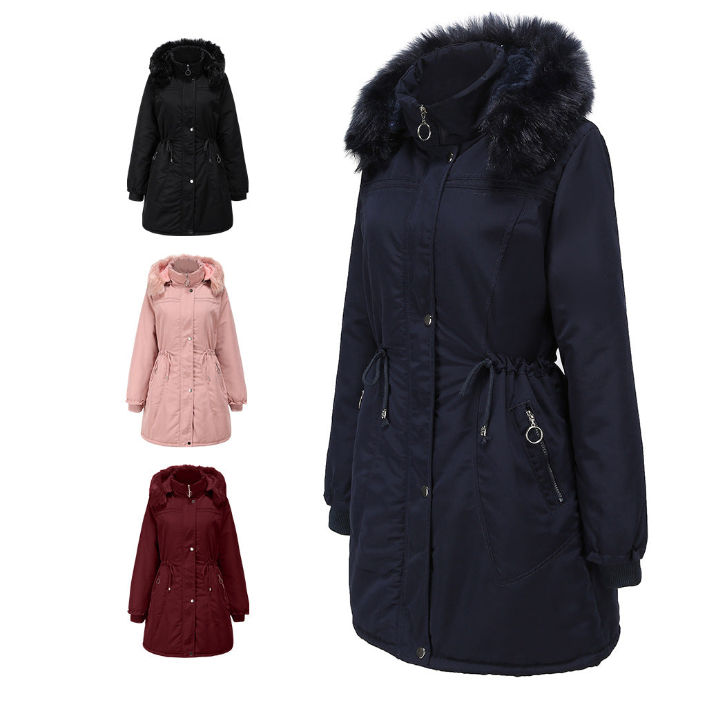 Damen stylische Parka-Jacke mit abnehmbarem Kunstfell und taillierbarem Kordelzug Drune