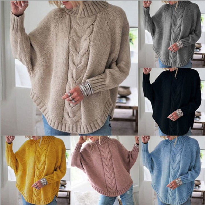 Damen Oversize Strickpullover mit hohem Rollkragen und Zopfmuster Drune