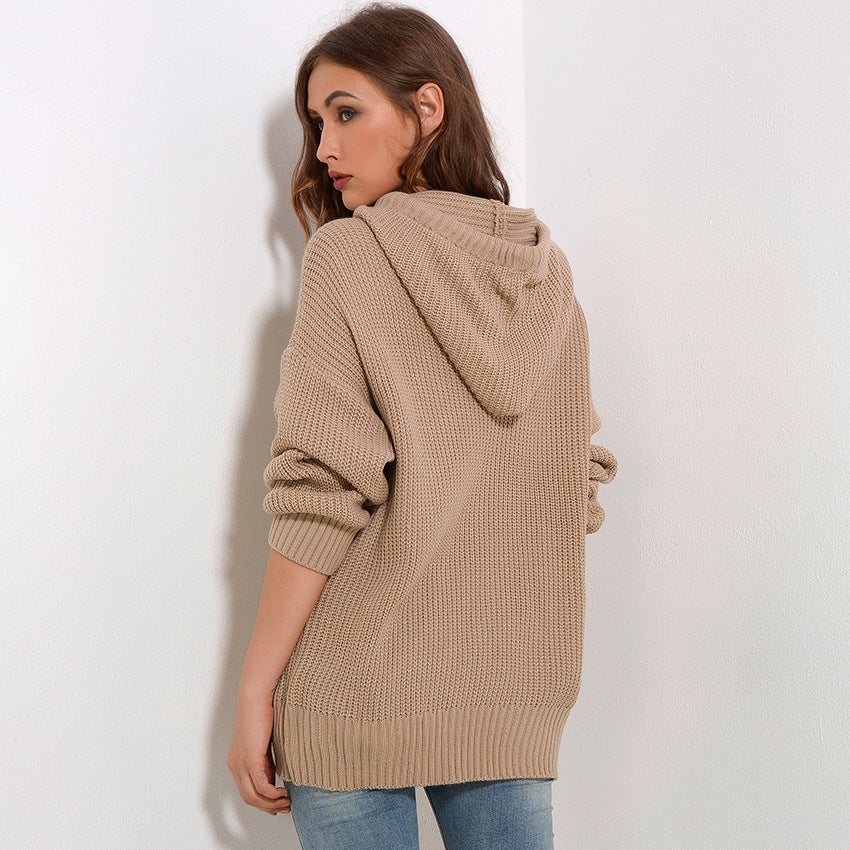 Damen Oversized Strickpullover mit Kapuze Drune