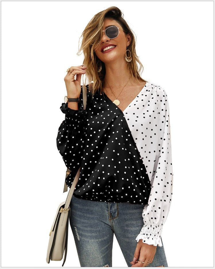 Damen Bluse mit asymmetrischem Punkten-Design und elastischen Ärmeln Drune