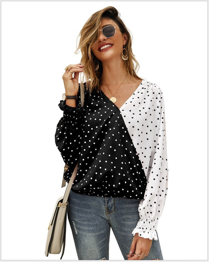 Damen Bluse mit asymmetrischem Punkten-Design und elastischen Ärmeln Drune