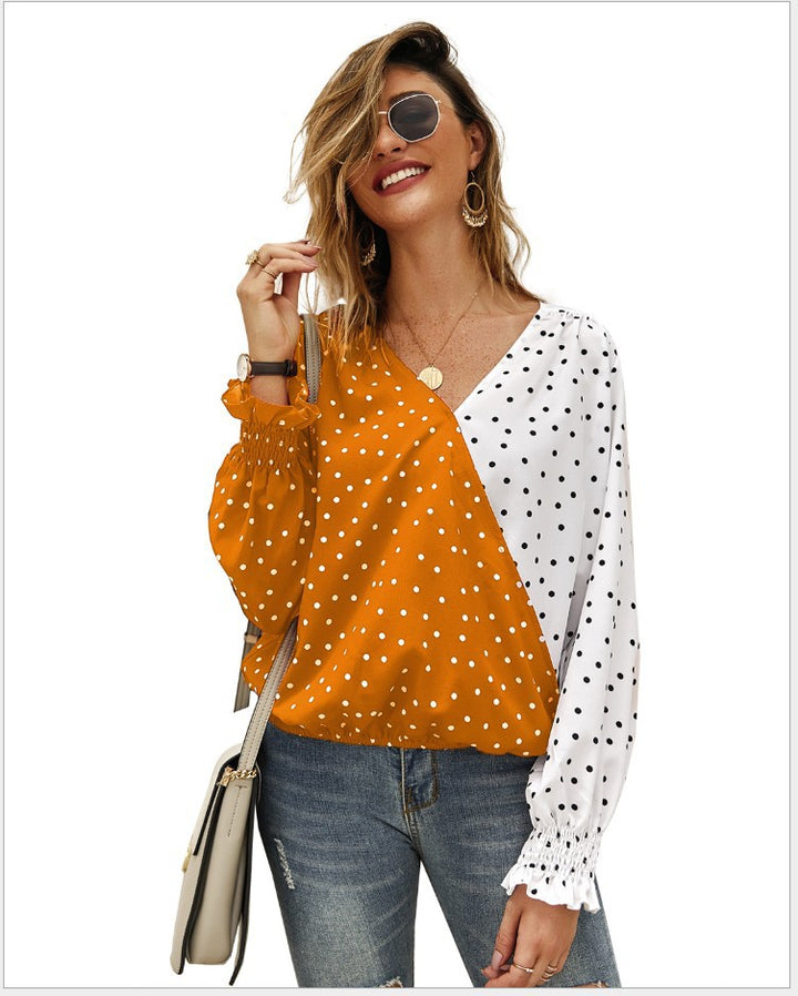 Damen Bluse mit asymmetrischem Punkten-Design und elastischen Ärmeln Drune
