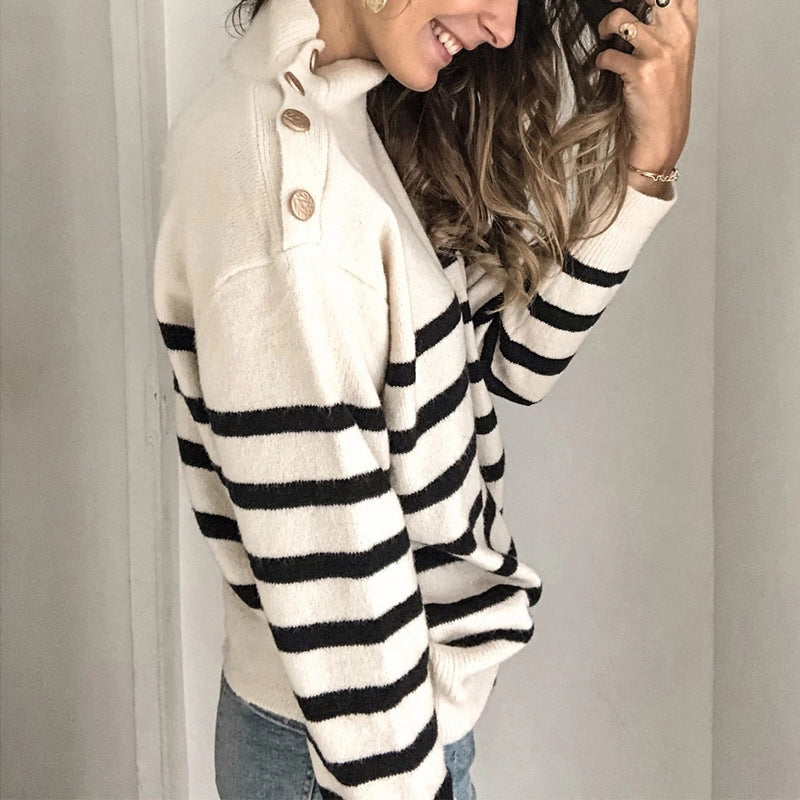 Damen lässiger Pullover mit modernem Stehkragen und dekorativen Knöpfen Drune