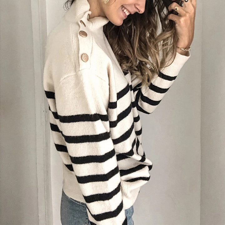 Damen lässiger Pullover mit modernem Stehkragen und dekorativen Knöpfen Drune