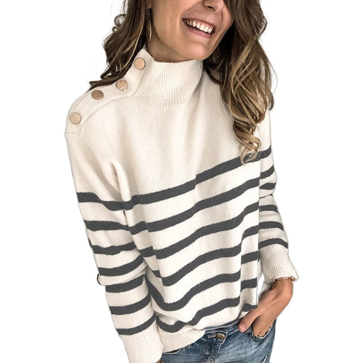 Damen lässiger Pullover mit modernem Stehkragen und dekorativen Knöpfen Drune