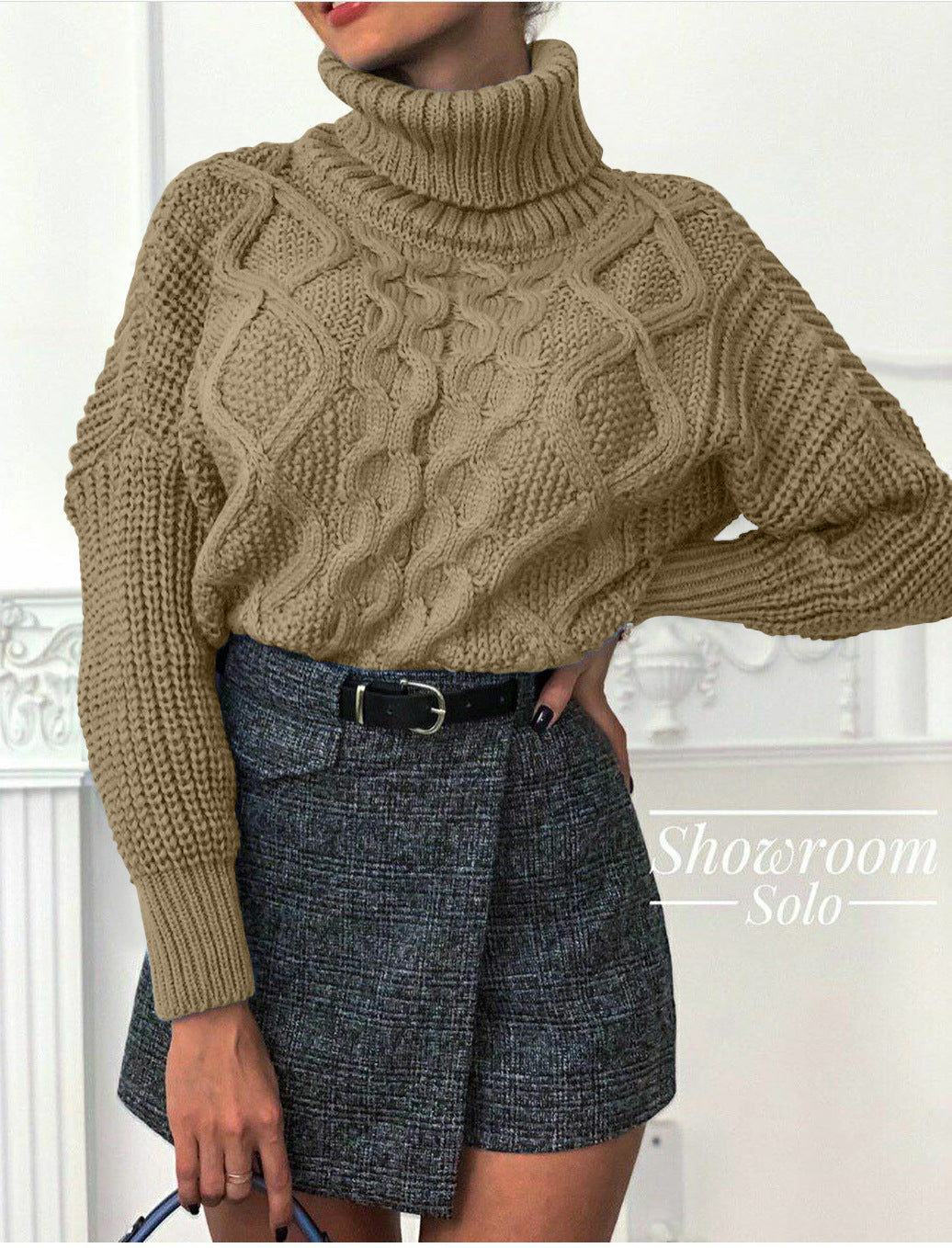 Damen Grobstrickpullover mit hohem Kragen und strukturiertem Zopfdesign Drune