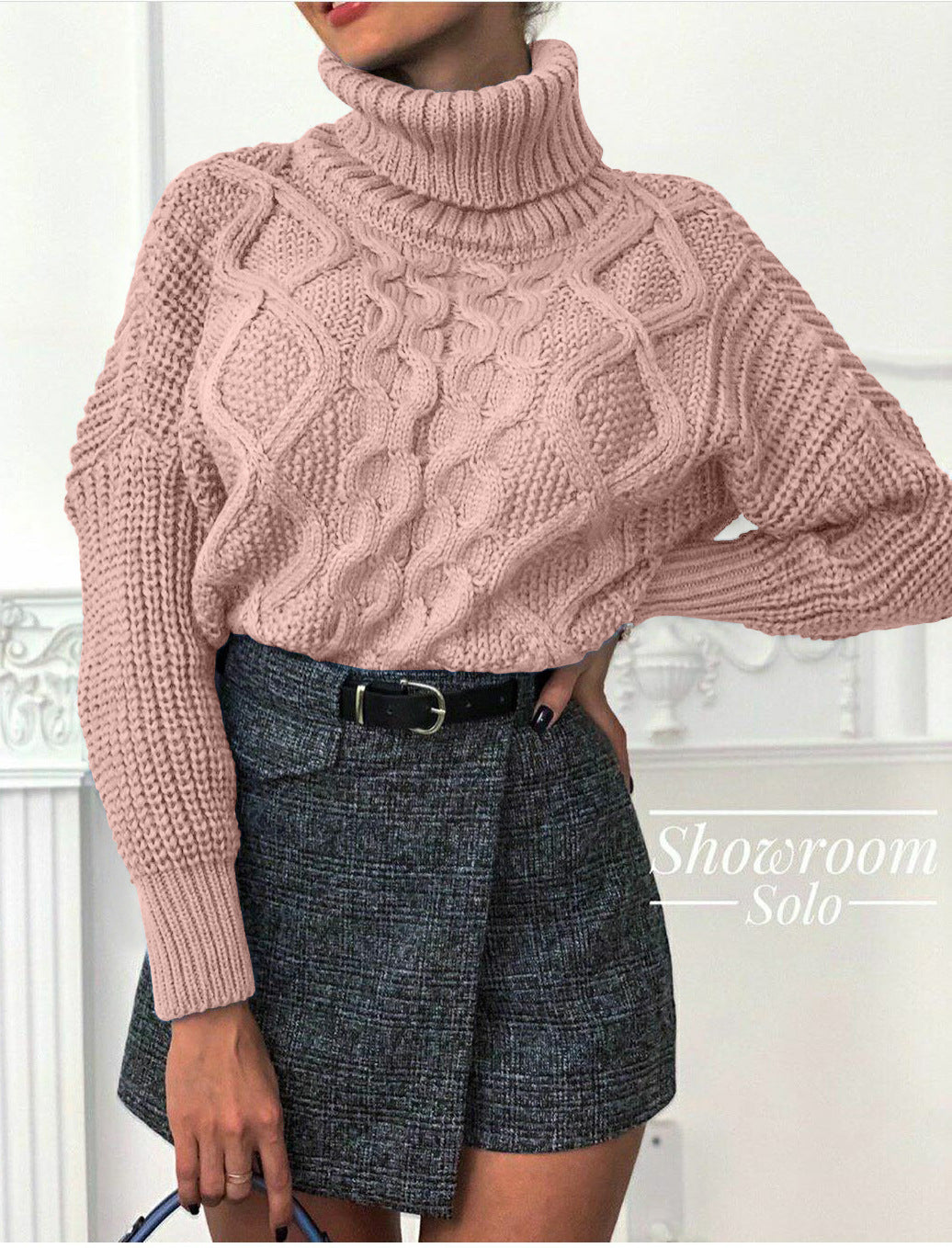 Damen Grobstrickpullover mit hohem Kragen und strukturiertem Zopfdesign Drune