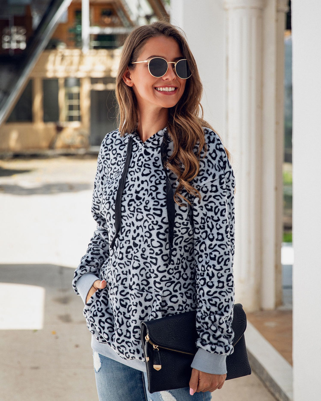 Damen Kapuzenpullover mit trendigem Leopardenmuster Drune