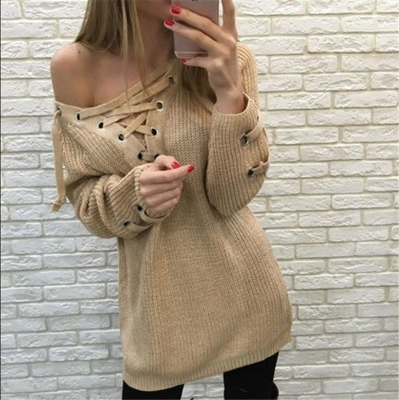 Damen Grobstrickpullover mit Schnürung und modischen Details Drune