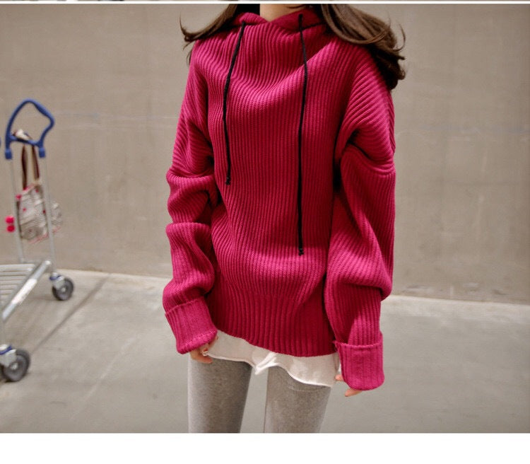 Damen Oversized Strickpullover mit Kapuze Drune