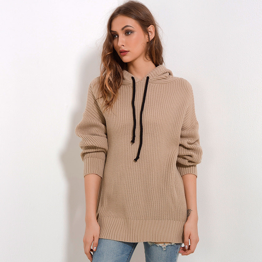 Damen Oversized Strickpullover mit Kapuze Drune