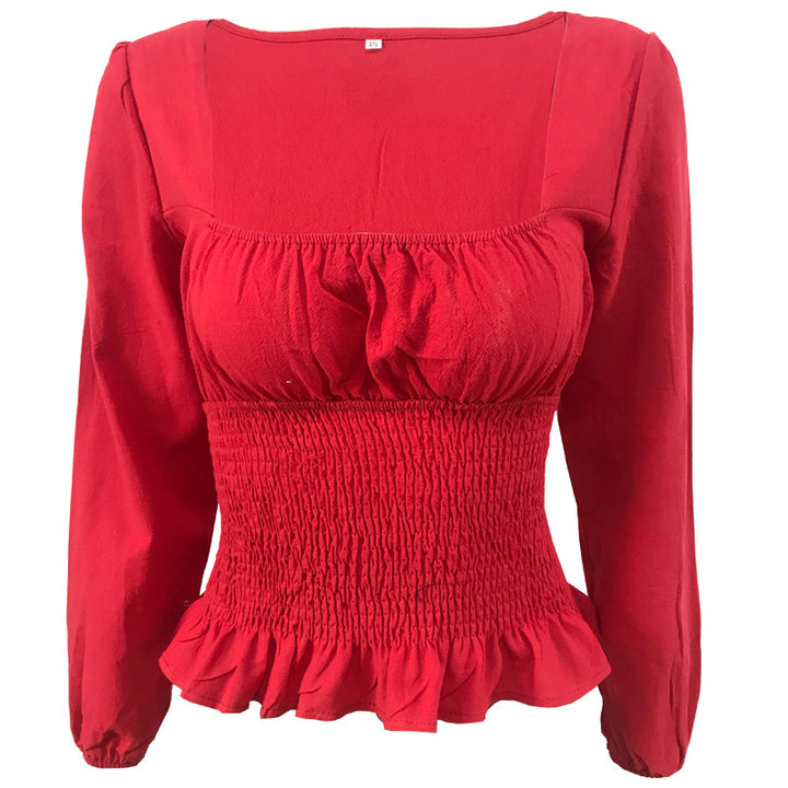 Damen Bluse mit elastischem Rüschensaum und langen Ärmeln Drune