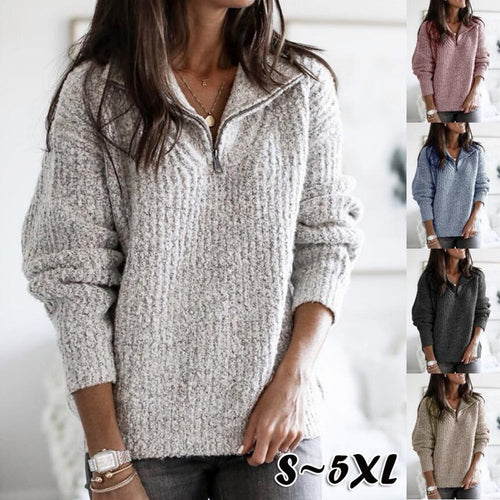 Damen nan weicher Strukturstrickpullover mit halbem Reißverschluss und Troyerkragen Drune