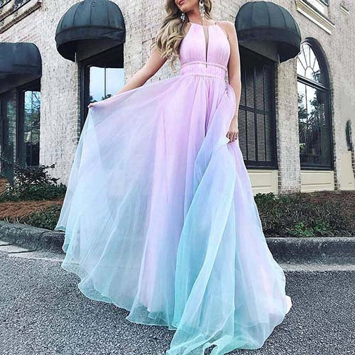 Damen Maxikleid mit tiefem V-Ausschnitt und schwingendem Tüllrock Drune