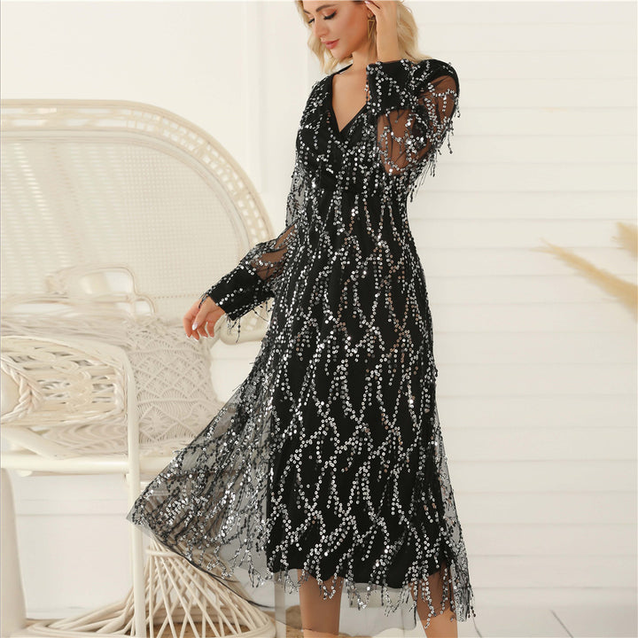 Damen Festliches Maxikleid mit funkelndem Paillettenbesatz und transparenten Ärmeln Drune