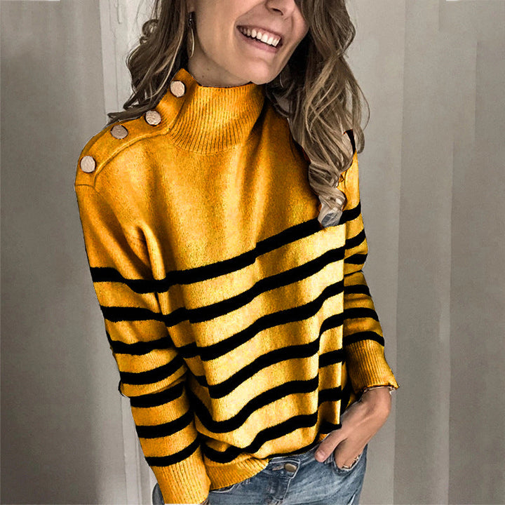 Damen lässiger Pullover mit modernem Stehkragen und dekorativen Knöpfen Drune
