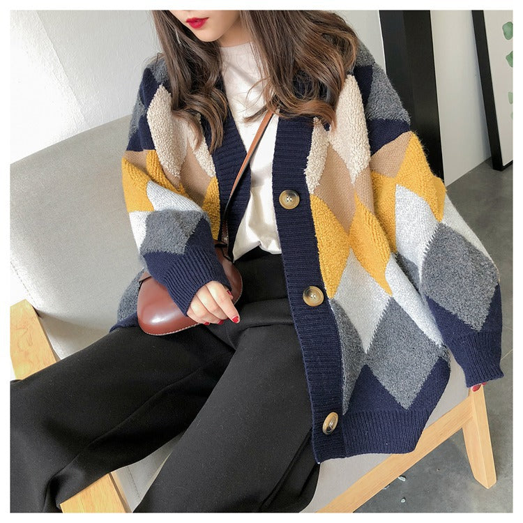 Damen Grobstrick Cardigan mit geometrischem Muster und großen Taschen Drune