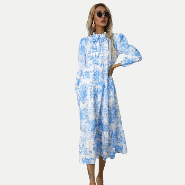 Drune | Toile-Druck Midi-Kleid mit hohem Kragen