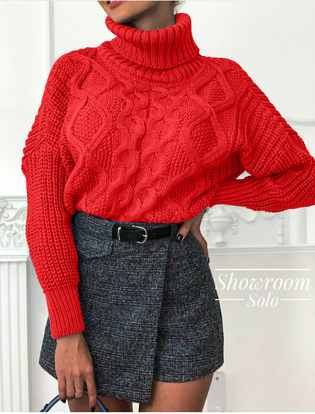 Damen Grobstrickpullover mit hohem Kragen und strukturiertem Zopfdesign Drune