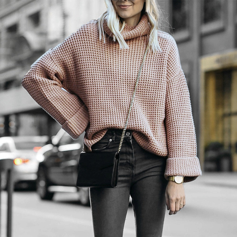 Damen Gemütlicher Strickpullover mit hohem Kragen und modernem Waffelmuster Drune