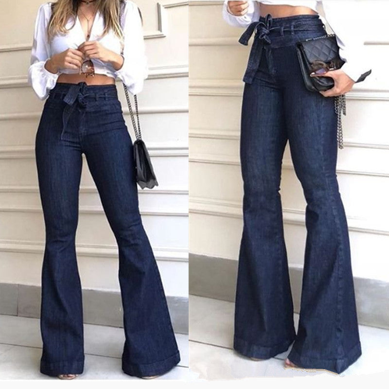 Damen Hoch geschnittene Flared Jeans mit stylischem Gürtel und ausgefranstem Saum Drune