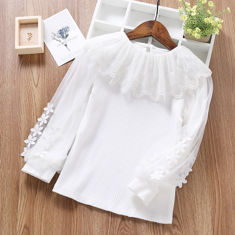 Damen elegante Bluse mit romantischem Tüllkragen und floralem Details Drune