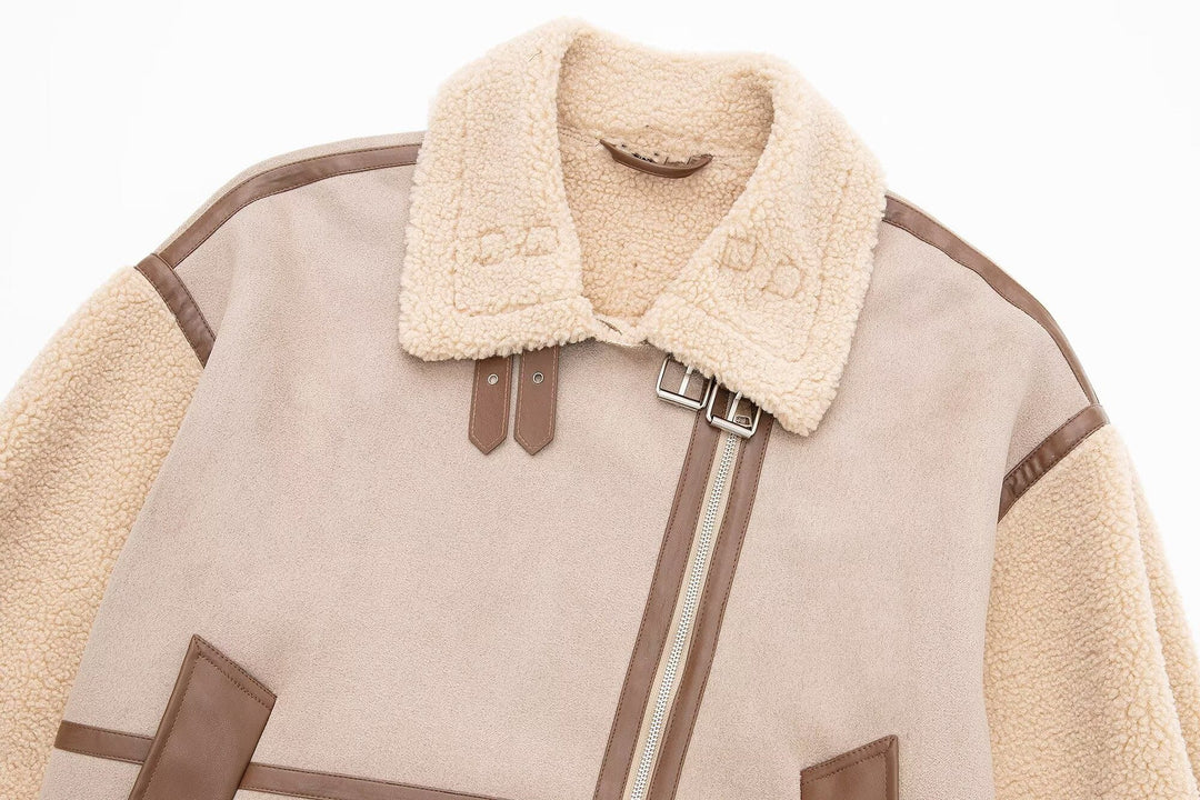 Drune | Shearling Pilotenjacke - PU-Lederausschnitt - Asymmetrischer Reißverschluss - Winter unverzichtbar
