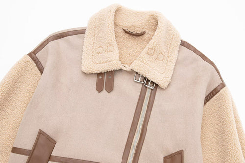 Drune | Shearling Pilotenjacke - PU-Lederausschnitt - Asymmetrischer Reißverschluss - Winter unverzichtbar