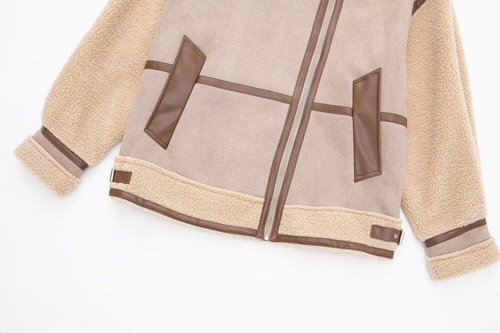 Drune | Shearling Pilotenjacke - PU-Lederausschnitt - Asymmetrischer Reißverschluss - Winter unverzichtbar