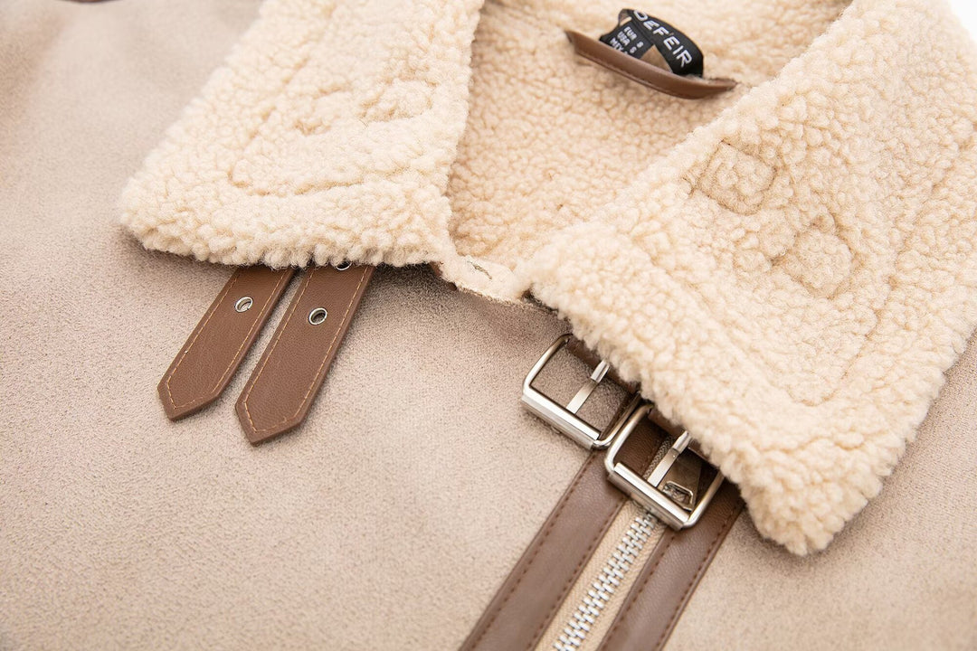 Drune | Shearling Pilotenjacke - PU-Lederausschnitt - Asymmetrischer Reißverschluss - Winter unverzichtbar