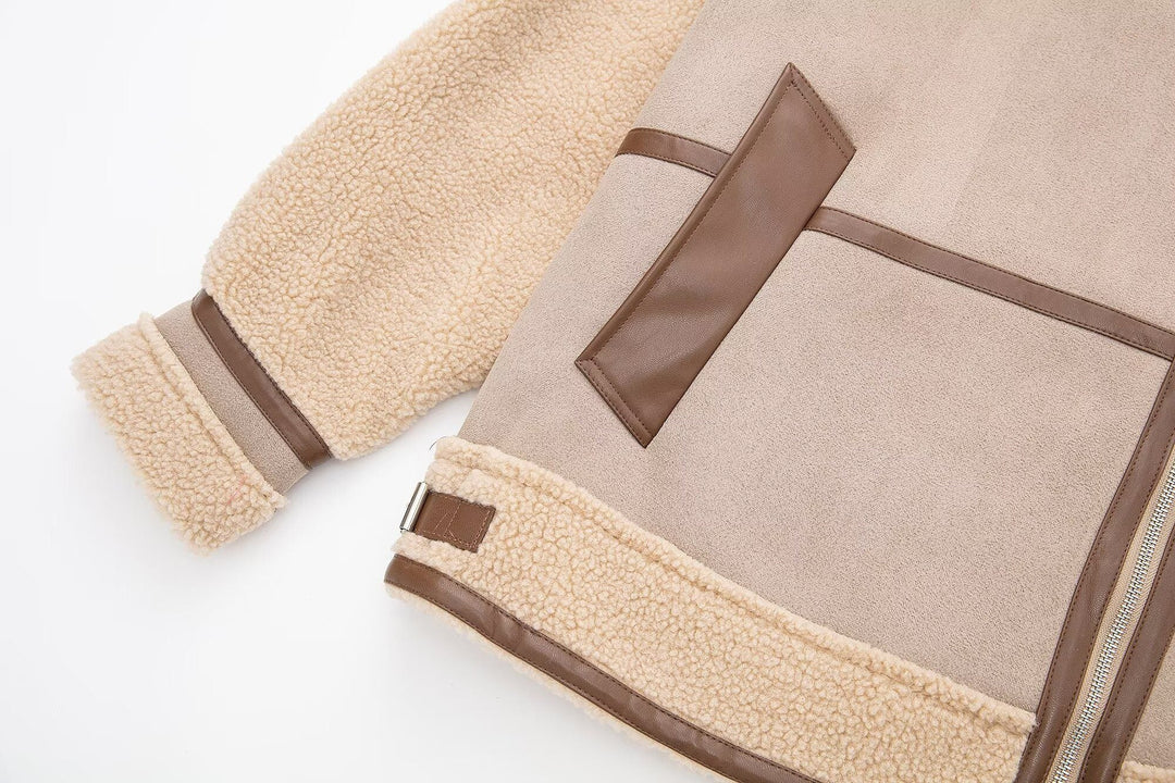 Drune | Shearling Pilotenjacke - PU-Lederausschnitt - Asymmetrischer Reißverschluss - Winter unverzichtbar
