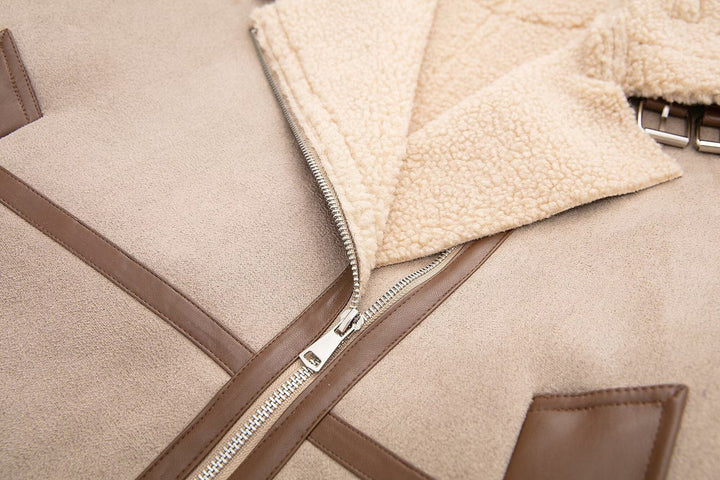 Drune | Shearling Pilotenjacke - PU-Lederausschnitt - Asymmetrischer Reißverschluss - Winter unverzichtbar