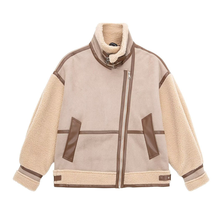 Drune | Shearling Pilotenjacke - PU-Lederausschnitt - Asymmetrischer Reißverschluss - Winter unverzichtbar