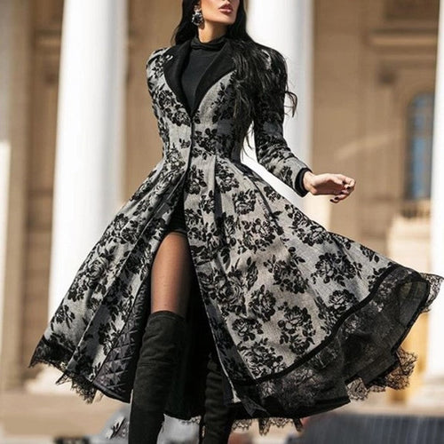 Drune | Herbst Winter Spitze Einsatz Retro Lange Trenchcoat