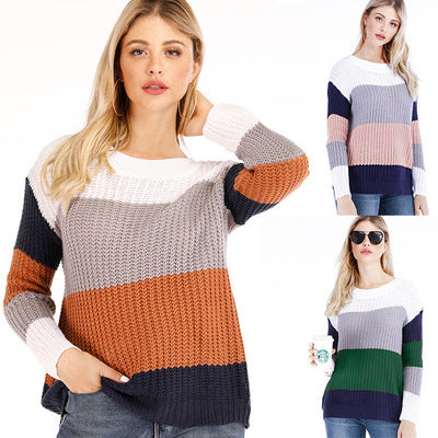 Damen Freizeit-Strickpullover mit modernem Blockstreifenmuster und Rundhalsausschnitt Drune
