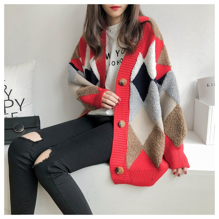 Damen Grobstrick Cardigan mit geometrischem Muster und großen Taschen Drune